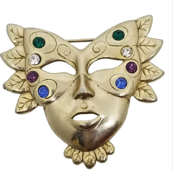 VINTAGE MARDI GRAS HARLEQUIN MASK EARRINGS & BROOCH SET - Picture 3 of 4
